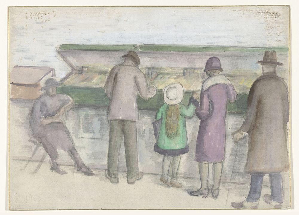 Personen voor een boekenkraam op een kade (1923) by anonymous