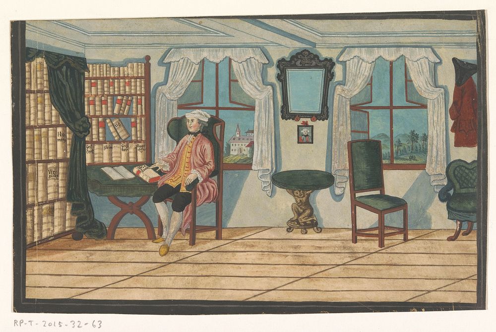 Interieur met een man voor een boekenkast (c. 1750 - c. 1800) by anonymous