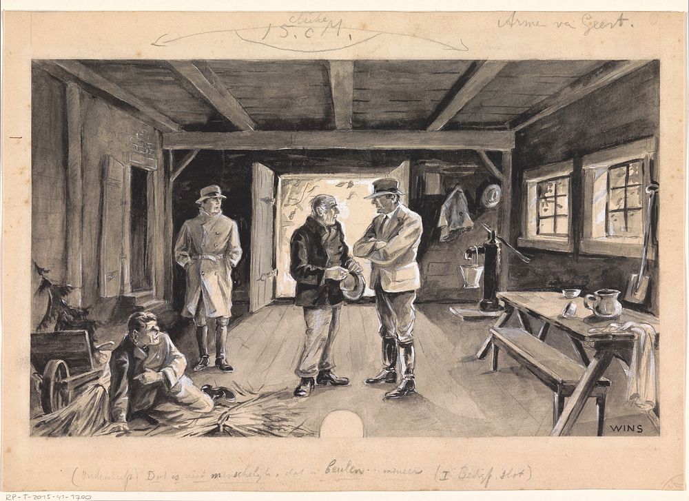 Mannen converseren in een schuur (in or before 1928 - in or before 1931) by Jos Wins