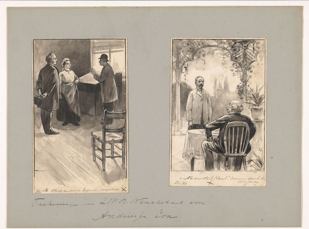 Mannen en vrouw bij een lessenaar en man op terras (in or before 1883 - c. 1904) by Willem Wenckebach