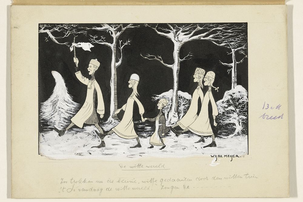 Henk, Anne, Hans, Noor en Elly marcheren door de sneeuw (in or before 1913) by Wybo Meijer