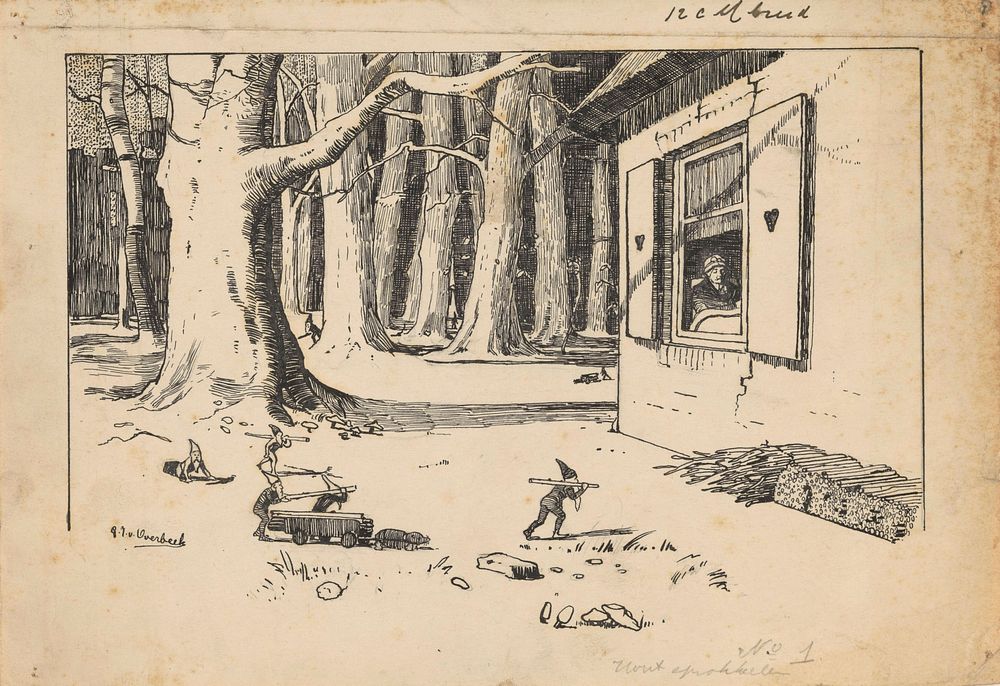 Werkende kabouters bij een bos (1892 - 1947) by Gijsbertus Johannes van Overbeek