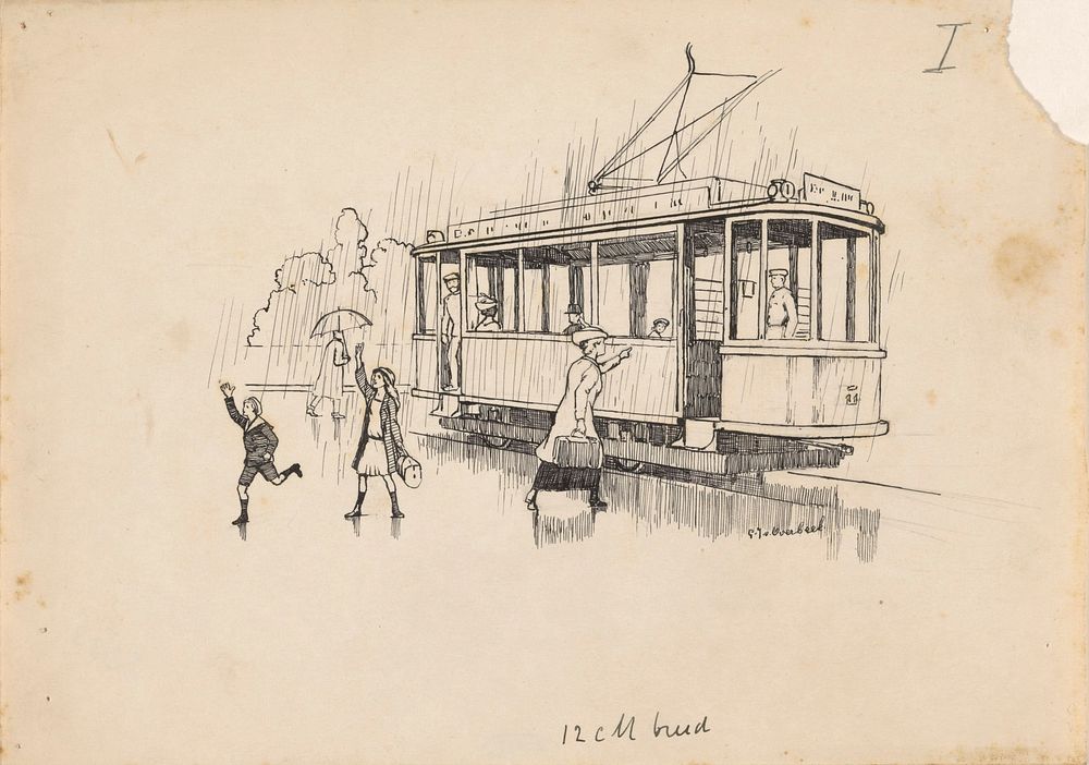 Vrouw houdt een tram aan in de regen (1892 - 1947) by Gijsbertus Johannes van Overbeek