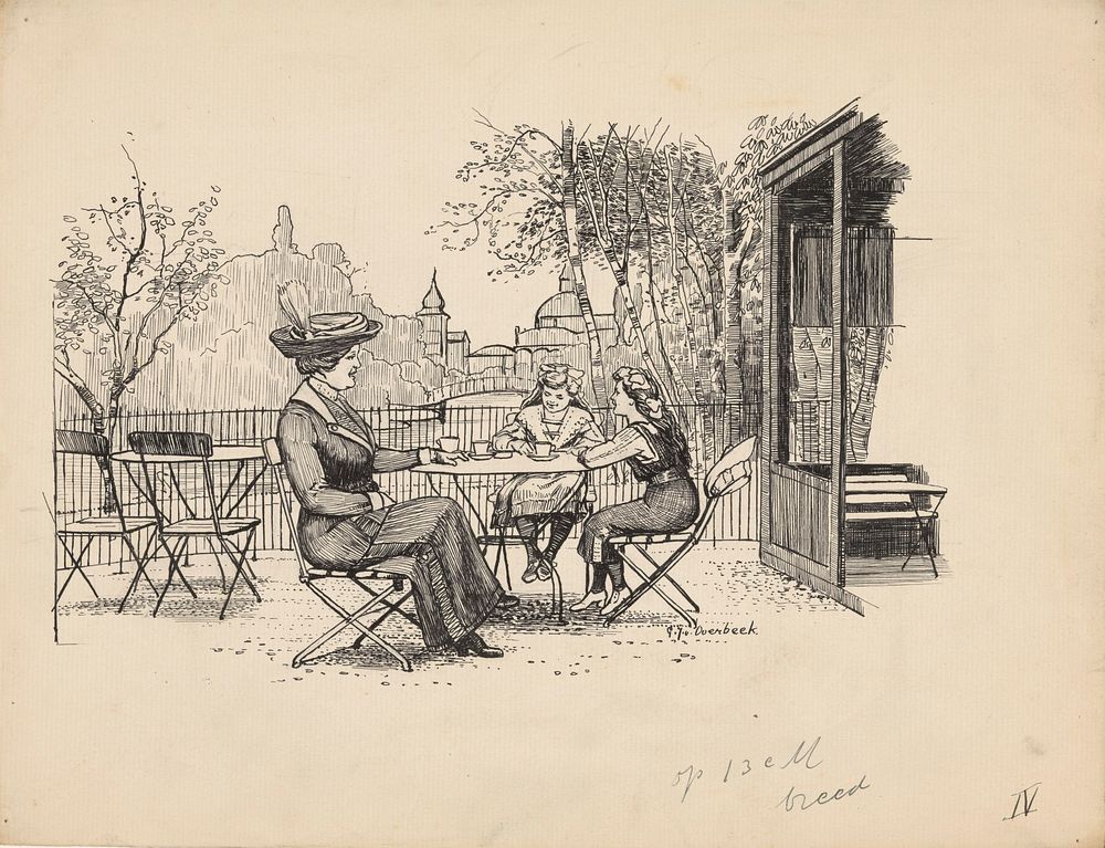 Vrouw en twee meisjes op een terras (1892 - 1947) by Gijsbertus Johannes van Overbeek