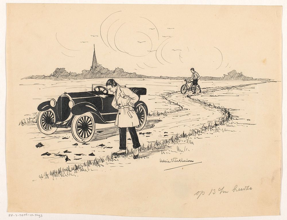 Automobilist bekijkt brokstukken op een landweg (1917 - 1970) by Adrie Vürtheim