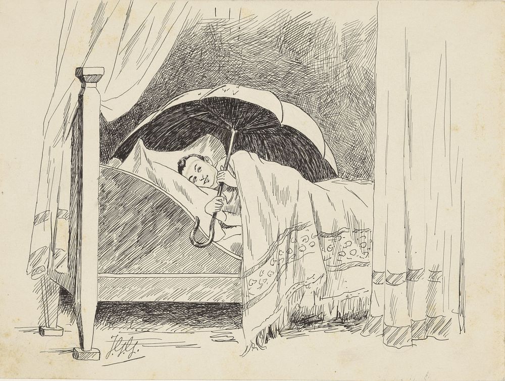 Jongen met paraplu in een bed (1868 - 1931) by Johan Georg Gerstenhauer Zimmerman