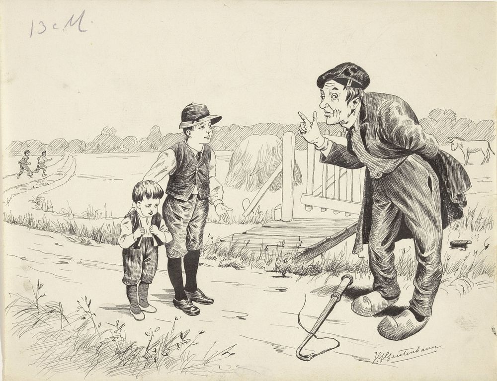 Man gebarend naar twee jongens in een landschap (1868 - 1931) by Johan Georg Gerstenhauer Zimmerman