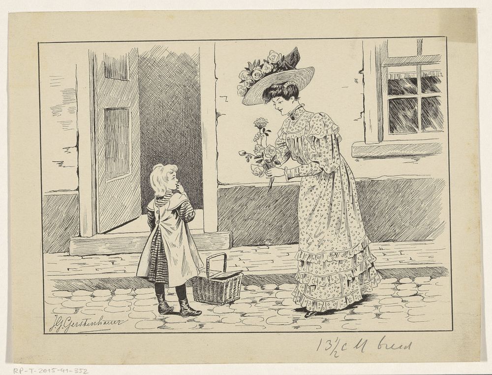 Meisje en een vrouw met rozen op een straat (1868 - 1931) by Johan Georg Gerstenhauer Zimmerman