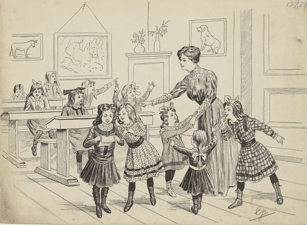 Schoolklas met meisjes en een onderwijzeres (1868 - 1931) by Johan Georg Gerstenhauer Zimmerman