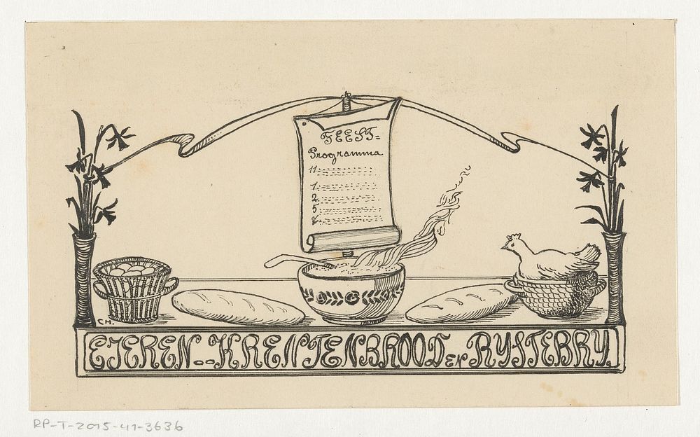 Feestprogramma boven een schaal dampende rijstebrij (c. 1890 - c. 1940)