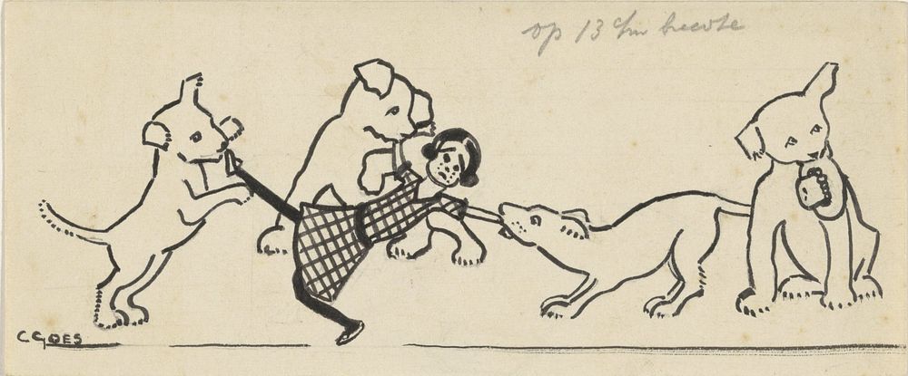 Puppy's spelend met een lappenpop (c. 1900 - c. 1940) by C Goes