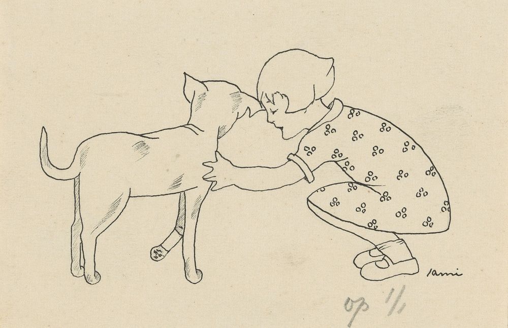 Meisje knuffelt een hond (c. 1880 - c. 1930)