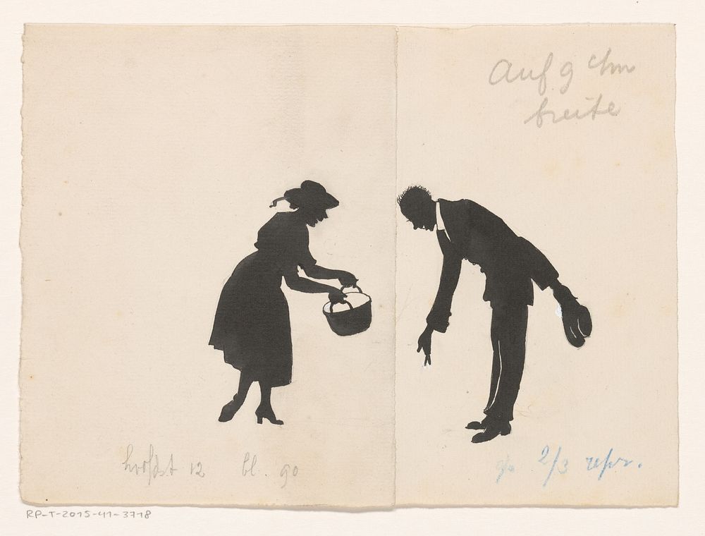 Vrouw met teil tegenover een wijzende man (c. 1900 - c. 1930) by anonymous