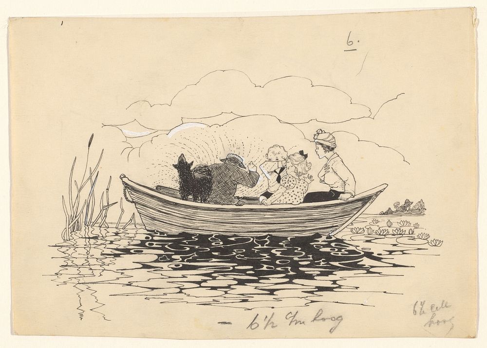 Hond spettert gezin op een boot nat (c. 1890 - c. 1930) by anonymous