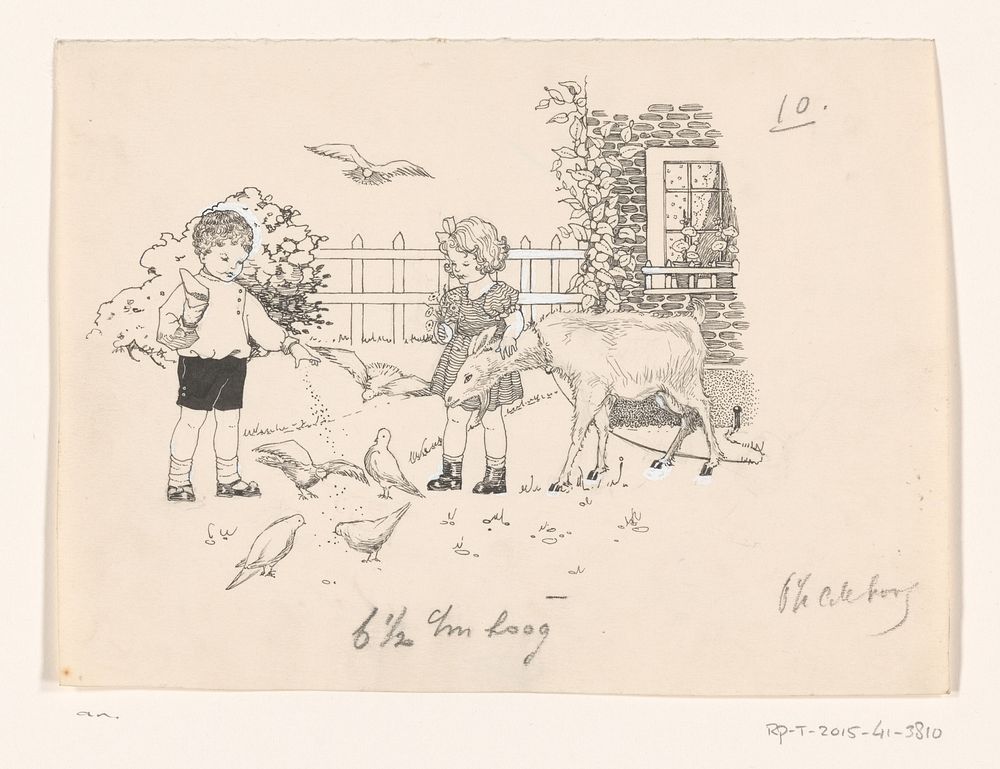 Jongen en meisje met vogels en geit (c. 1890 - c. 1930) by anonymous