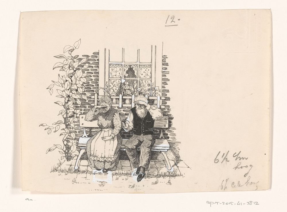 Oude man en vrouw op een bank voor een huis (c. 1890 - c. 1930) by anonymous