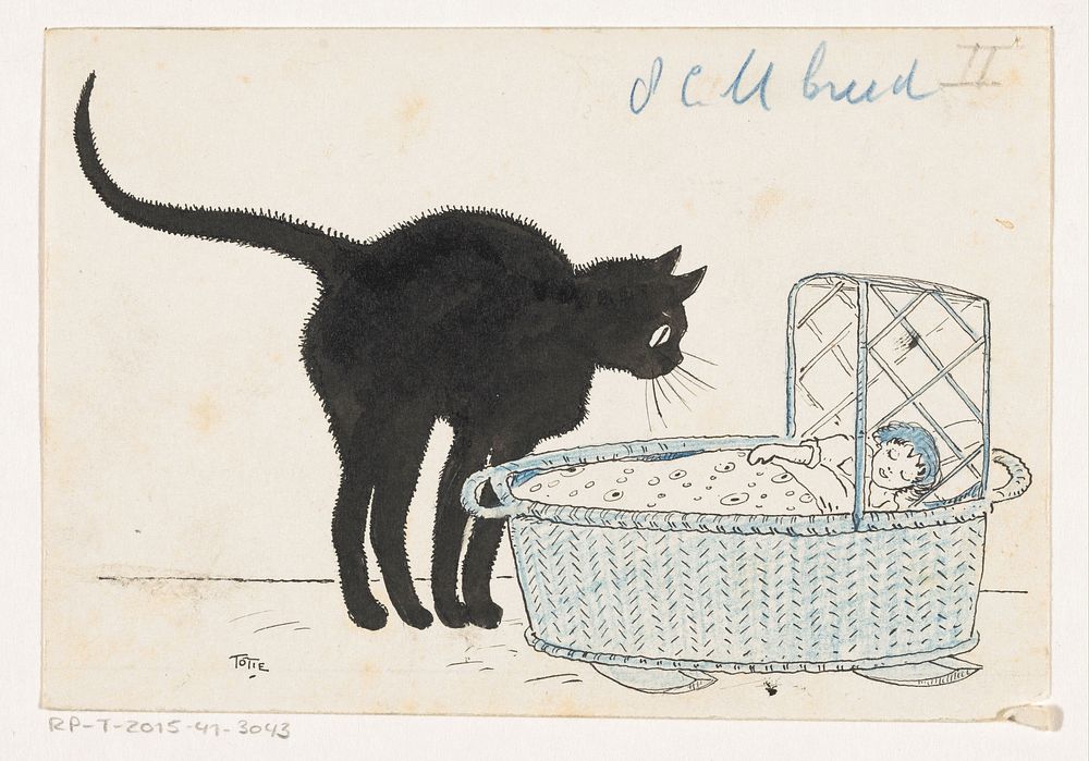 Kat kijkt in een poppenmand (c. 1890 - c. 1930) by Totie