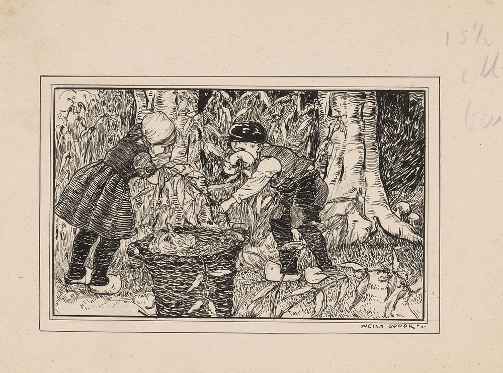 Jongen en meisje verzamelen takken en bladeren (1895 - 1950) by Nelly Spoor