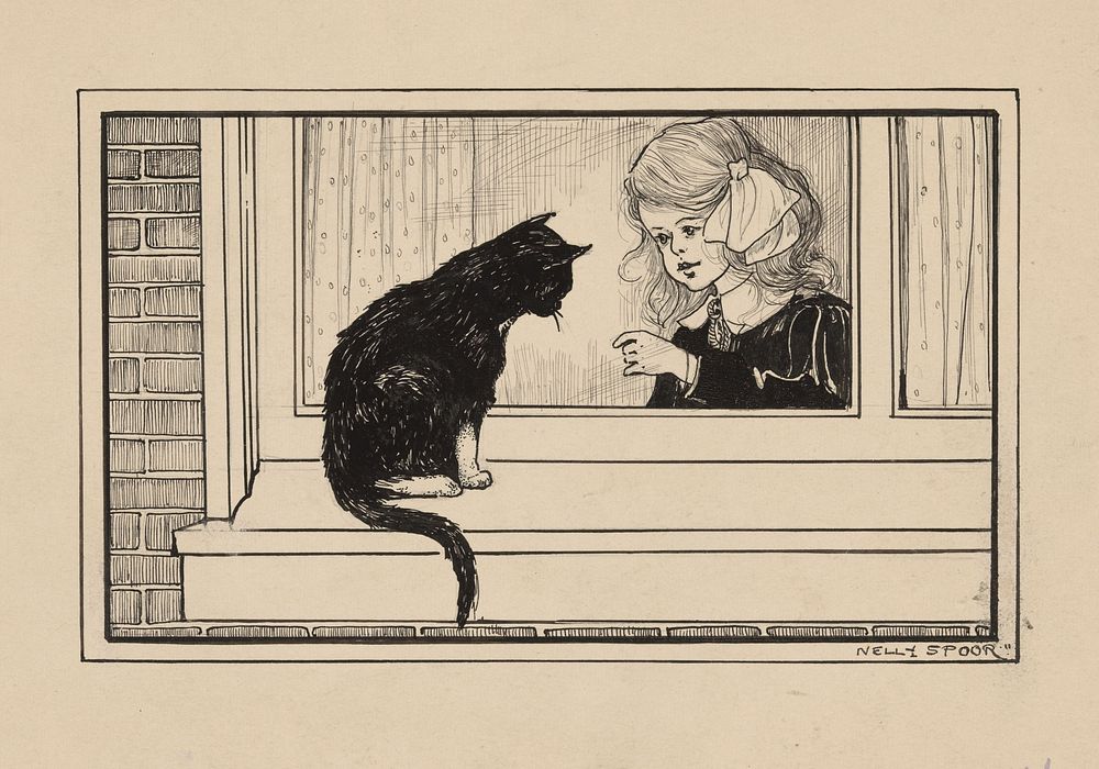 Meisje kijkt naar een kat in een vensterbank (1911) by Nelly Spoor