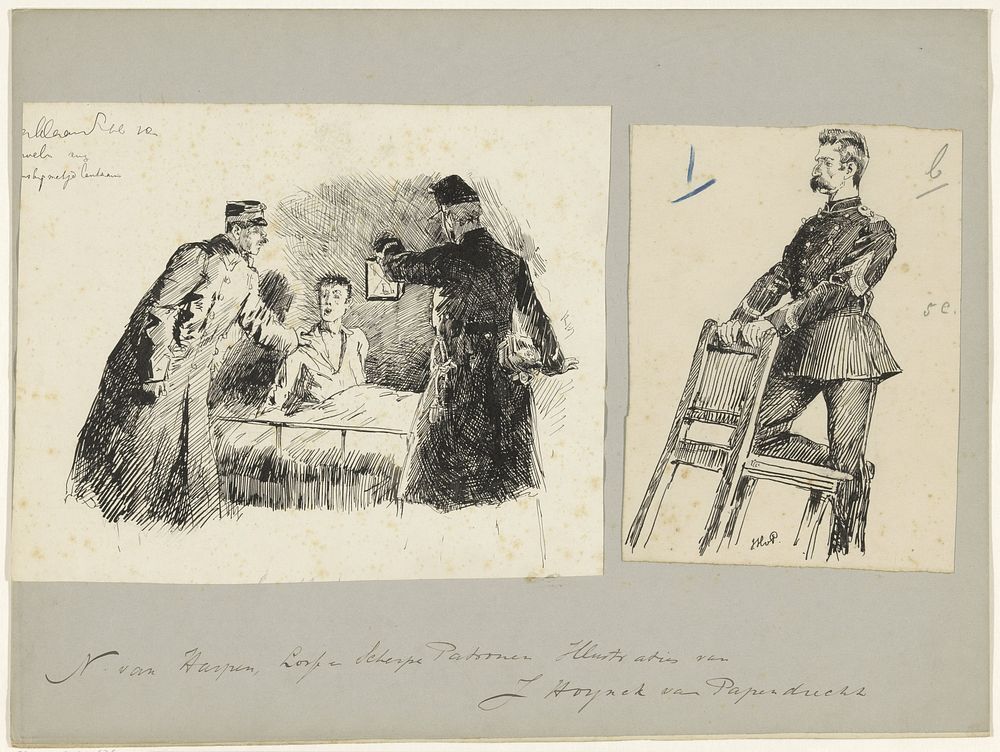 Militairen wekken een man en een militair leunend op een stoel (in or before 1889) by Jan Hoynck van Papendrecht
