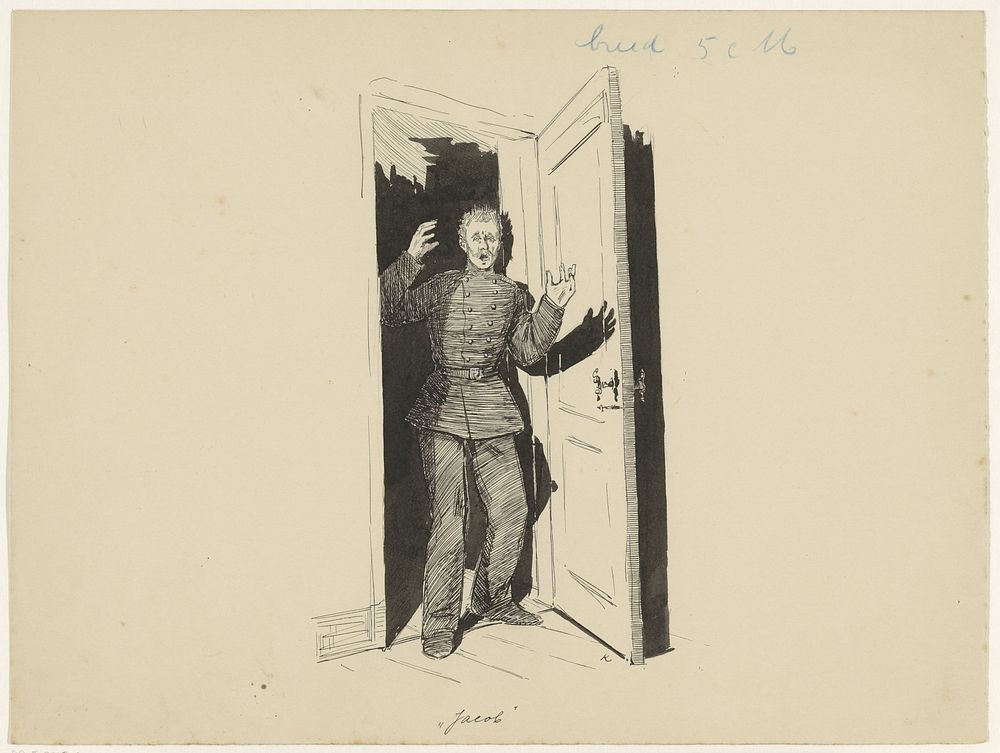 Verschrikte militair in een deuropening (in or before 1898) by Heinrich M Krabbé