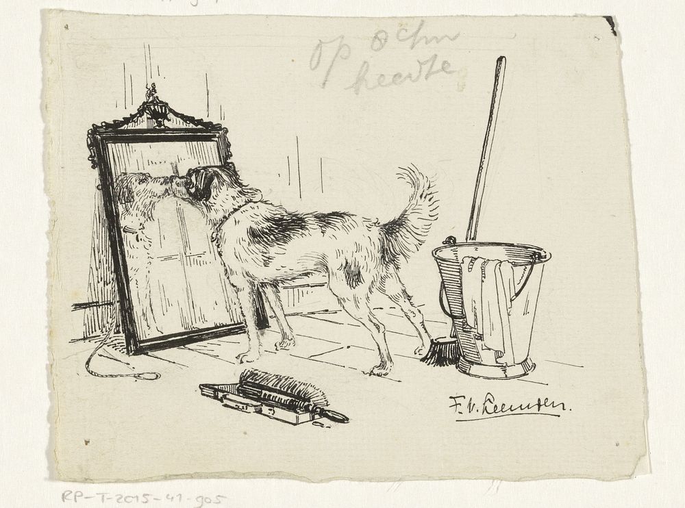 Hond snuffelt aan een spiegel (c. 1890 - c. 1970) by F van Leeuwen