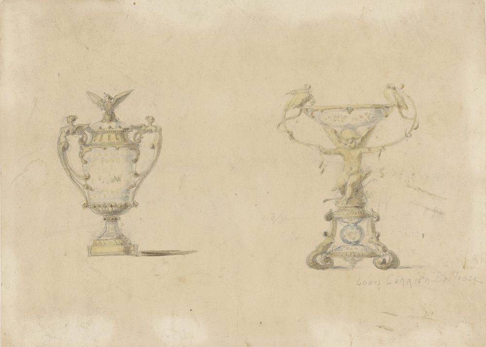 Ontwerp voor een dekselvaas en een coupe van in verguld brons gemonteerd porselein (c. 1870 - c. 1880) by Louis Robert…