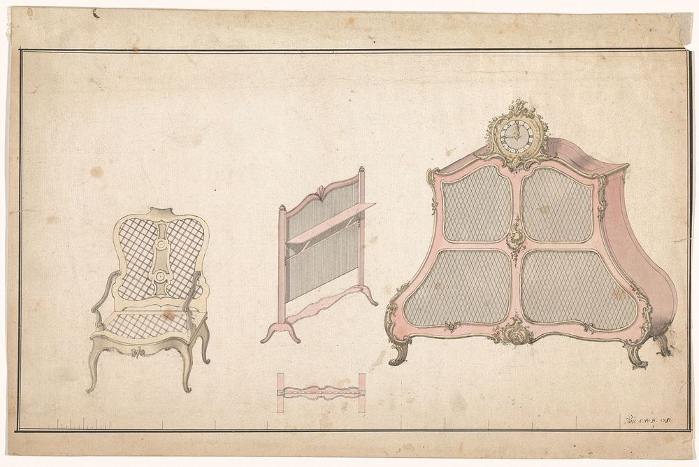 Armstoel, haardscherm en cartonnier (1751) by anonymous
