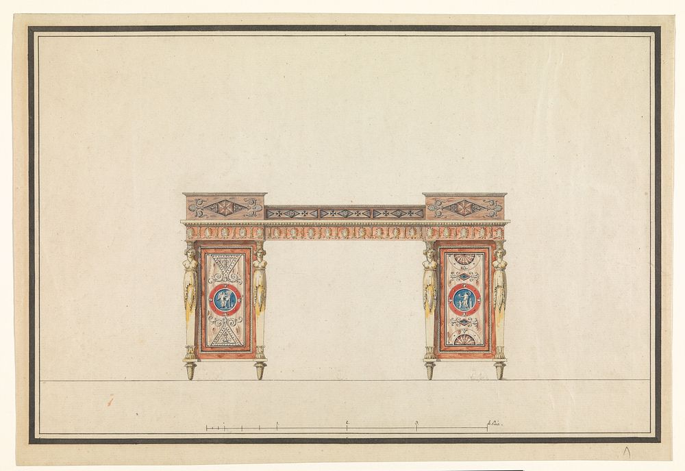 Ontwerp voor een bureau, met een variant in de decoratie van de deuren (c. 1800 - c. 1810) by Charles Percier