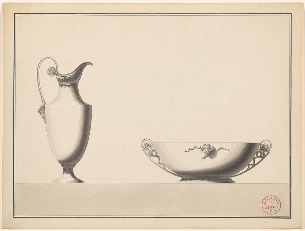 Ontwerp voor een kan met een ramskop en een schaal met een vrouwenhoofd en slangenoren (c. 1790) by Jean Guillaume Moitte