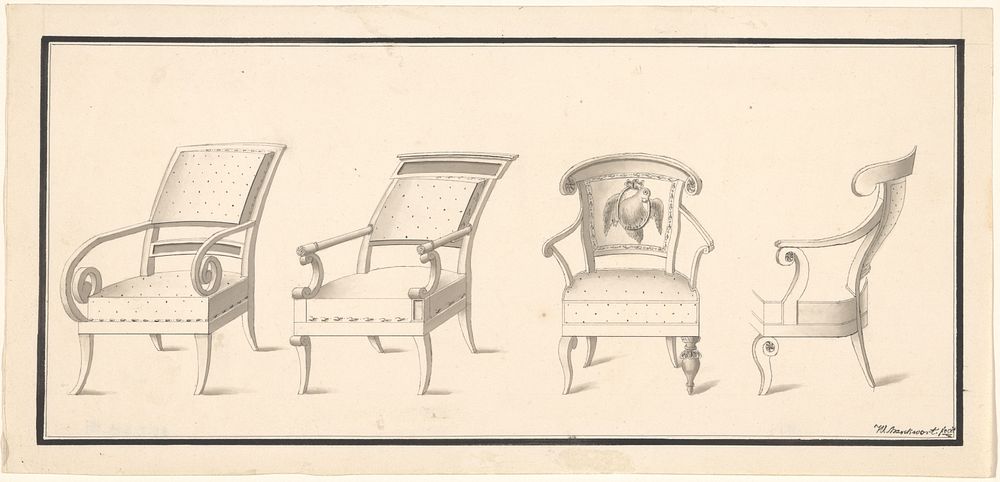 Vier armstoelen met beklede rug en zitting (c. 1820 - c. 1823) by Carl Wilhelm Marckwort