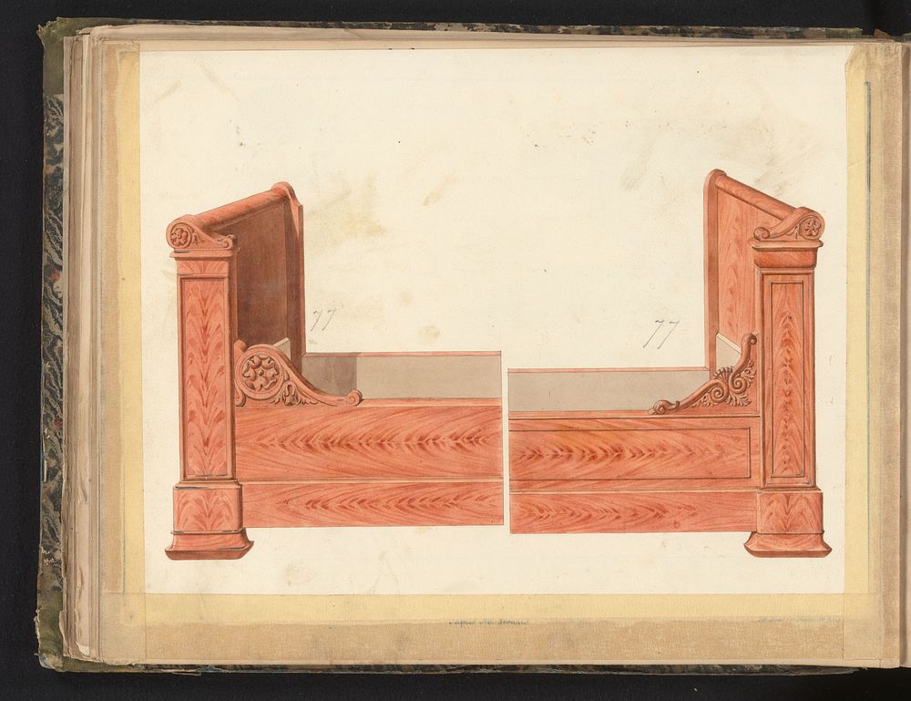 Twee ontwerpen voor bedden (c. 1825 - c. 1839) by anonymous