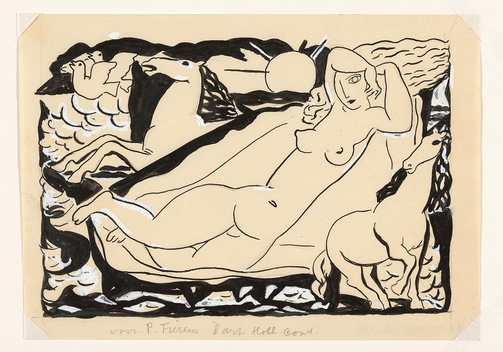 Venus Vignet voor boek 'L'art Hollandais contemporain' van Paul Fierens; liggend naakt met daarbij afgebeeld twee paarden en…