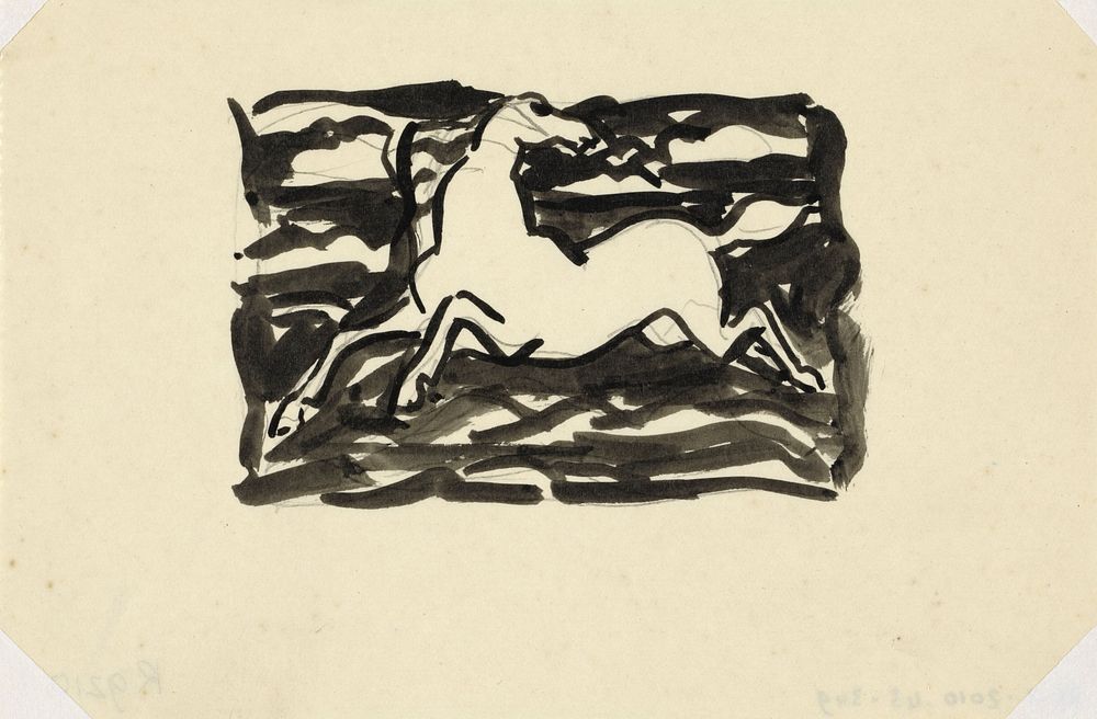 Springend paard met het hoofd naar achteren gedraaid in een kader met op de achtergrond golven. (1937) by Leo Gestel