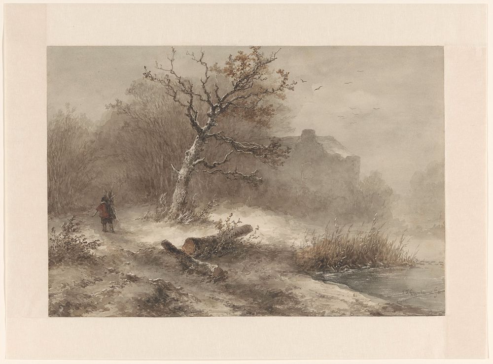 Winterlandschap met gaande houtsprokkelaar (1850) by Johannes Franciscus Hoppenbrouwers