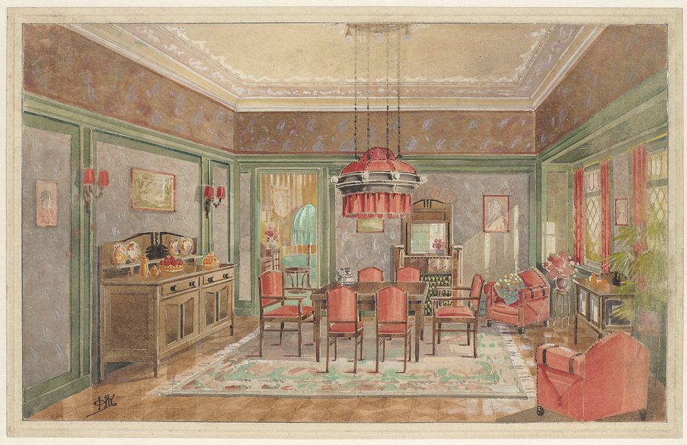 Eetkamer met rode stoelen (c. 1925) by Monogrammist HK Nederland 20ste eeuw