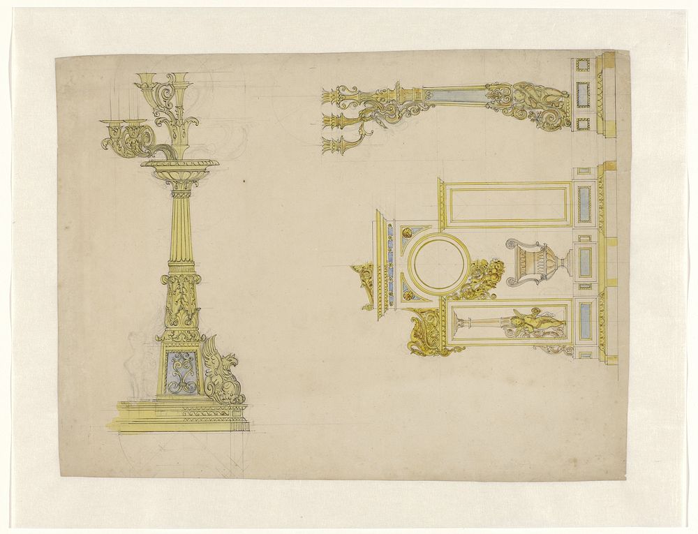 Ontwerp voor pendule en twee kandelabers (c. 1825 - c. 1835) by Adrien Louis Marie Cavelier