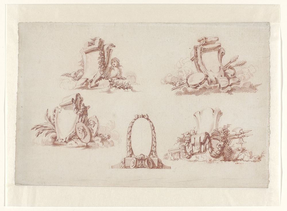 Vijf cartouches (c. 1760 - c. 1770) by anonymous and Jacques François Blondel