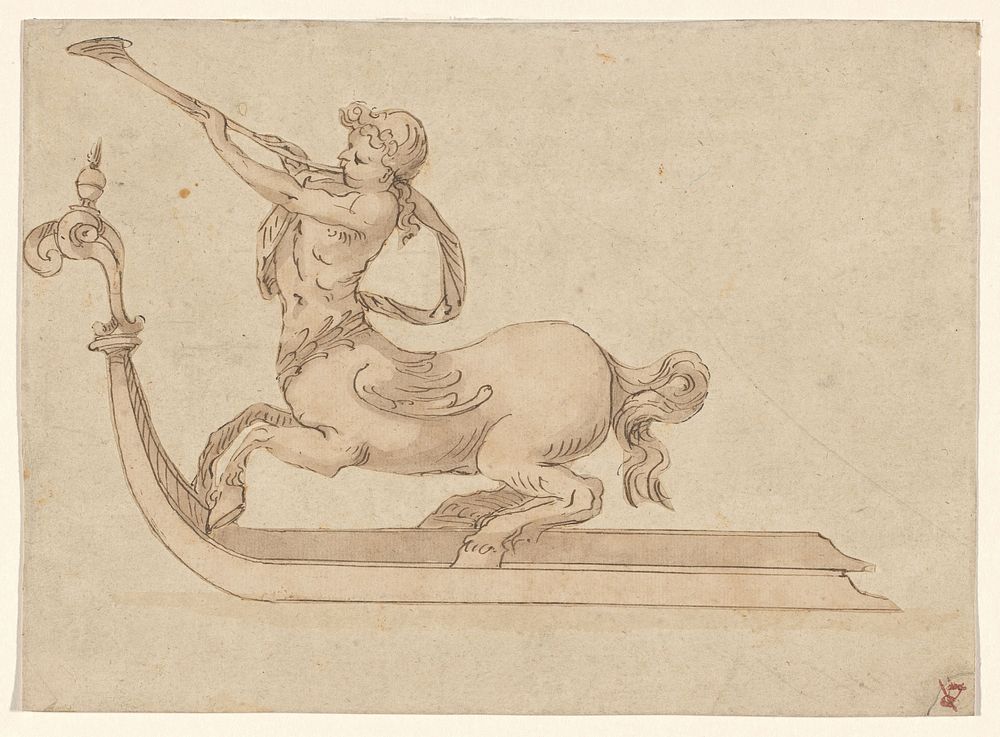 Ontwerp voor een slede in de vorm van een hoornblazende centaur (c. 1650 - c. 1700) by anonymous