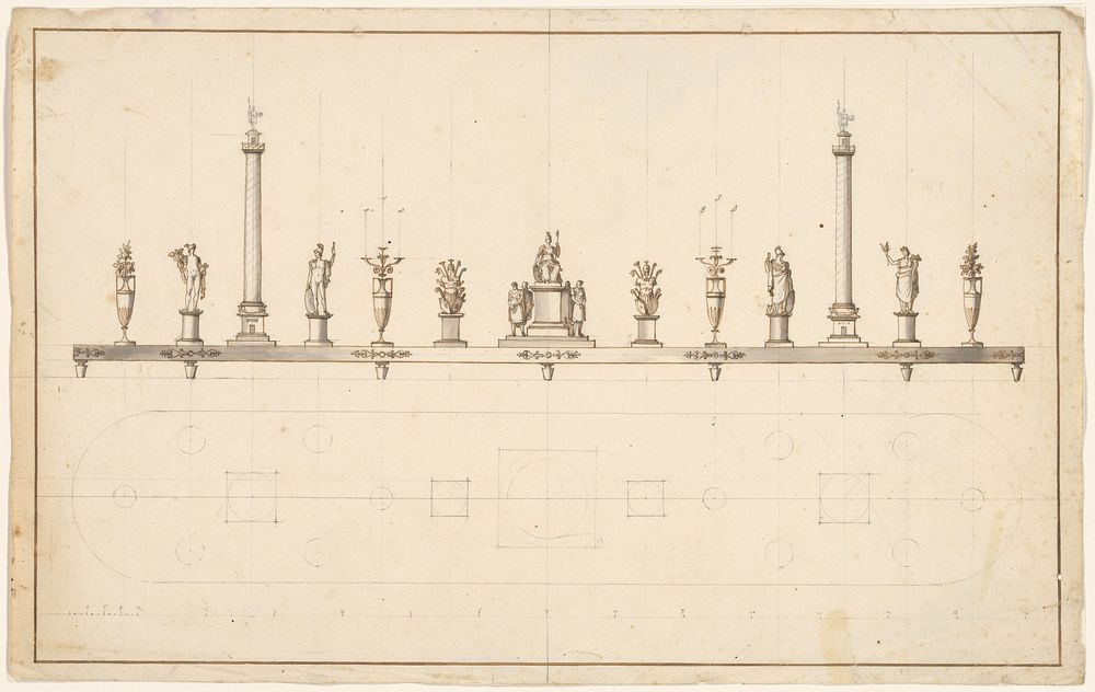 Surtout de table met zuilen, vazen, antieke goden en trofeeën, met daaronder een plattegrond (c. 1800) by Giovacchino Belli