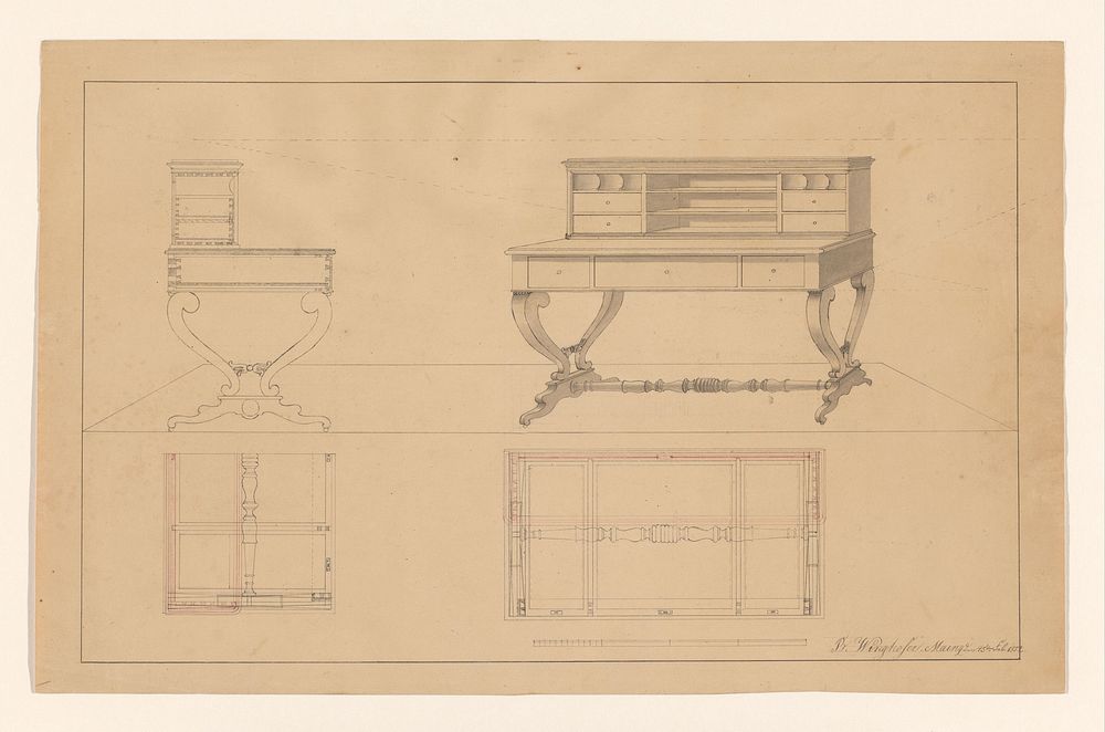 Ontwerp voor een schrijftafel met opstand, met zijaanzicht en plattegronden onder beide aanzichten (1852) by B Winghofer