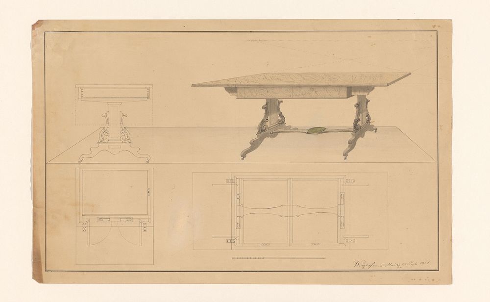Ontwerp voor een uitklaptafel met zijaanzicht en plattegronden onder beide aanzichten (1851) by B Winghofer