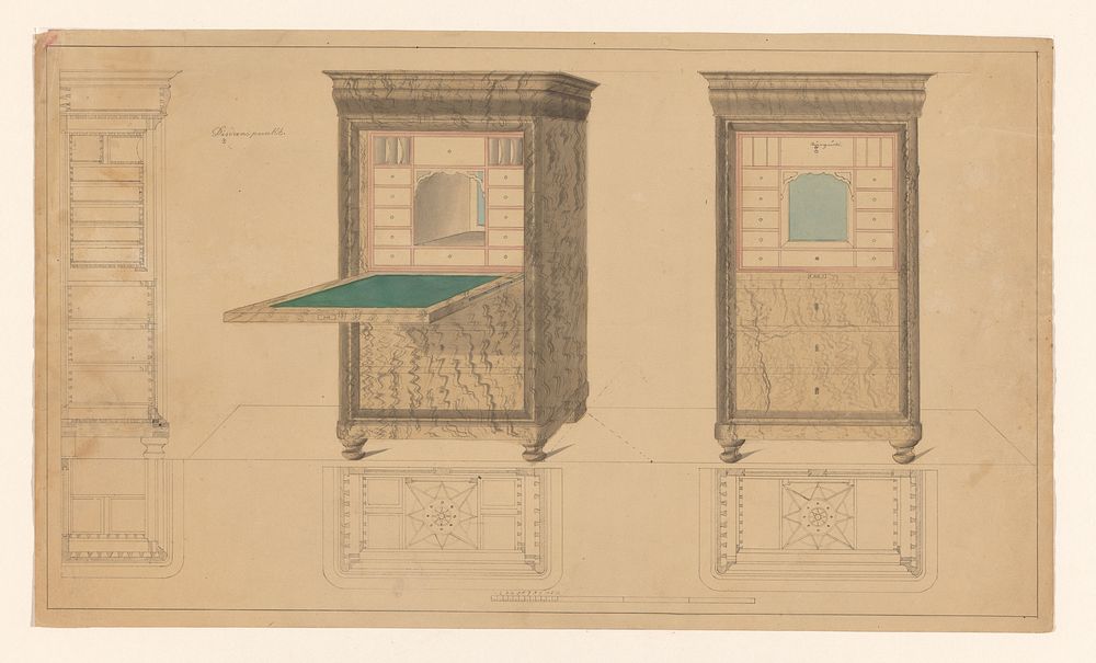 Ontwerp voor een secretaire, zij-, driekwart en frontaal aanzicht, met daaronder plattegronden (c. 1852) by B Winghofer
