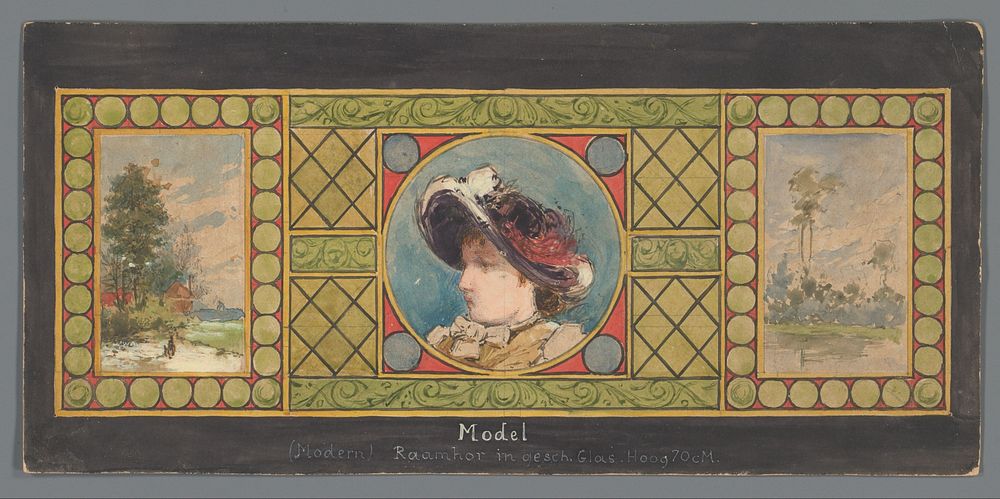 Drieluik van geschilderd glas met een landschap aan weerszijden van een portret van een vrouw met hoed (c. 1850 - c. 1930)…