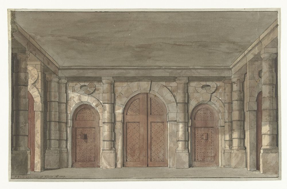 Ontwerp voor een toneeldecor van een voorportaal van een gevangenis (?) (1779) by Pieter Barbiers I