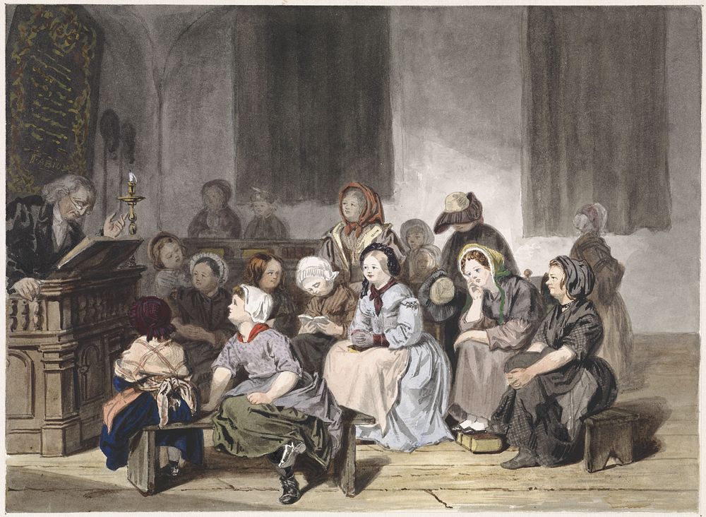 Kerkdienst met meisjes (1830 - 1889) by Jan Fabius Czn