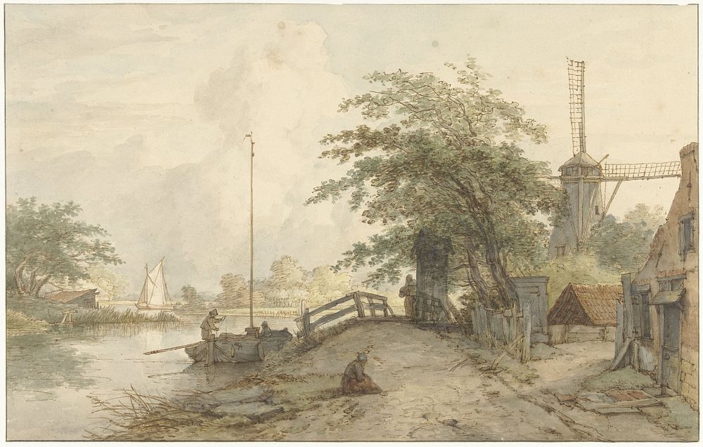 Landschap met bruggetje en huis aan weg langs een water (1776 - 1822) by Jan Hulswit