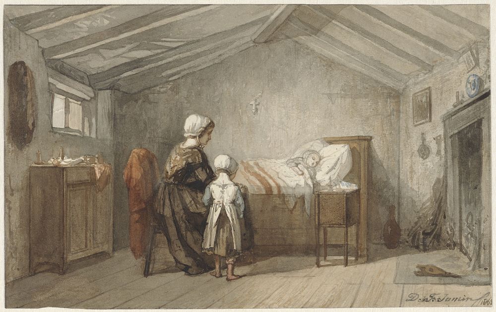 Moeder en dochter bij het ziekbed van een kind (1862) by Diederik Franciscus Jamin