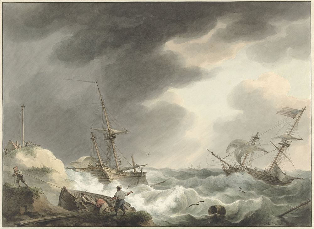 Schipbreuk van twee schepen, waarvan één onder Amerikaanse vlag, op een duinenkust (1780 - 1848) by Martinus Schouman