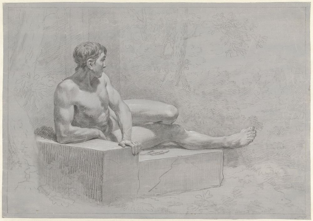 Studie van een liggend mannelijk naakt, op een stenen bank (1755 - 1818) by Egbert van Drielst